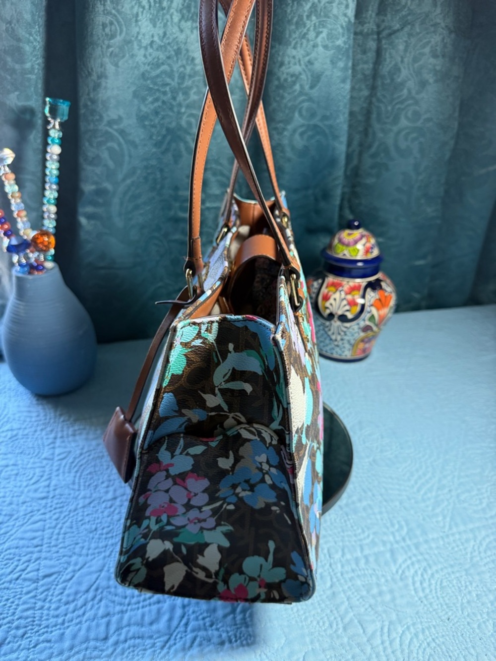 Calvin Klein Brown Floral Canvas Tote with Aqua and Light Blue Accents 13x9 - Picture 2 of 12